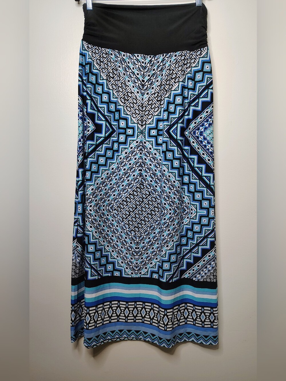 ALYX Maxi Skirt XL Blue Black Geometric Print Stretch Waist Long Skirt